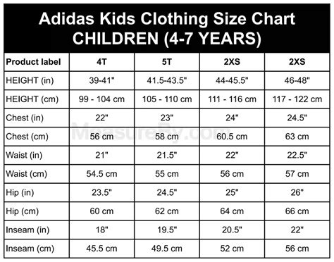 kids Adidas clothing size chart